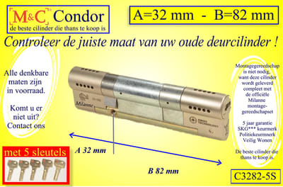M&C Conder high-tech security deurcilinder 32x82 mm MET 5 SLEUTELS - SKG*** - Politiekeurmerk Veilig Wonen  -  inclusief MilaNNE gereedschap montageset