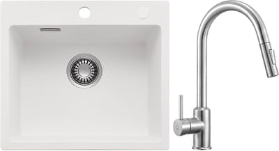 CECIPA max Spoelbak Keuken 40x45CM - Granieten spoelbak Met Keuken kraan - Spoelbak Met Kraangat - Spoelbakken Met Afdruip - Wit