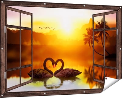 Gards Tuinposter Doorkijk Twee Zwarte Zwanen in een Hart Vorm - 150x100 cm - Tuindoek - Tuindecoratie - Wanddecoratie buiten - Tuinschilderij