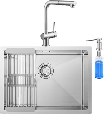 CECIPA Max Spoelbak RVS (60x44CM) - Spoelbak Keuken Met Keukenkraan met Uittrekbare Uitloop en Zeepdispenser 300ML - Spoelbakken Keuken - Wasbak Keuken Met Verstelbaar Mandje - Met Afdruiprek