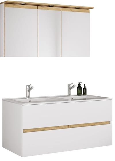 VCM 3-tlg. Doppelwaschtisch Cosila mit Doppel Keramikbecken – Badschrank H. 51 x B. 111 x T. 51 cm mit 2 Softclose-Schubladen, Spiegelschrank mit Beleuchtung & Steckdose, Waschplatz Set Cosila-I
