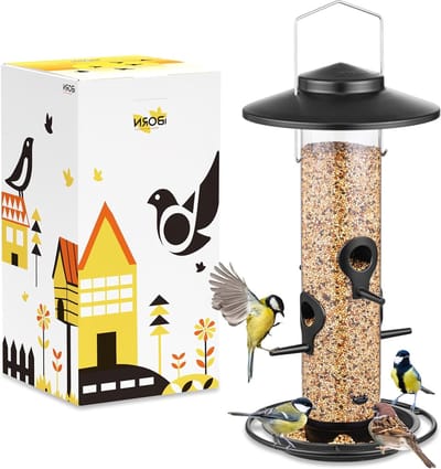 Metalen vogelvoeder voor buiten opknoping - 17 cm groot dak en zwart 35 cm lang 2 pond capaciteit 8 poorten (zaad is niet inbegrepen) voor wilde vogels zoals kardinaal