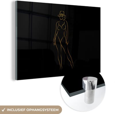 MuchoWow® Glasschilderij 60x40 cm - Schilderij acrylglas - Zonnebril - Zwart - Goud - Line art - Foto op glas - Schilderijen