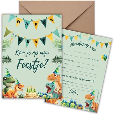 Uitnodiging Kinderfeestje 10 Kaarten + Enveloppen - Dino – Jongen & Meisje – Uitnodigingskaarten - Beschrijfbaar – Verjaardag Kind