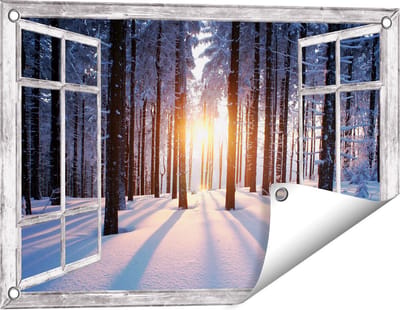 Gards Tuinposter Doorkijk Bos met Sneeuw tijdens de Zonsondergang - 60x40 cm - Tuindoek - Tuindecoratie - Wanddecoratie buiten - Tuinschilderij
