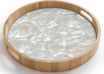 Dienblad rond 40x40 cm - Schootdienblad hout - Parelmoerglans - Wit - Schelp - Borrelplank rechthoek - Plateau houten dienbladen