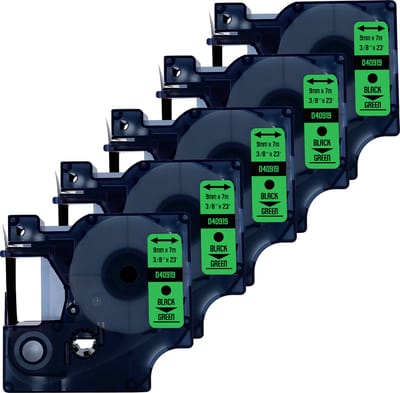 DULA Dymo D1 40919 - S0720740 - Compatible label tape - 5 lettertapes - Zwart op groen - 9mm x 7m
