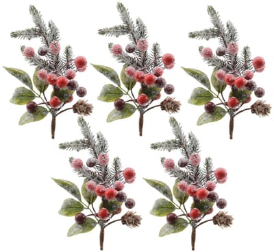 Kerststukje instekertjes - 5x - bessen/sneeuw - groen/rood - 20 cm