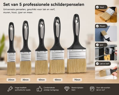 LoShop Set van 5 professionele schilderpenselen, universele penselen, geschikt voor lak en verf, muren, hout, ijzer, breedte klem 20/30/40/50/70 mm