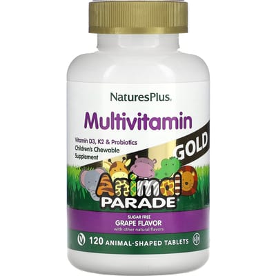 Source Of Life, Animal Parade Gold, Kauwbaar Multivitamine- en Mineralensupplement voor Kinderen, Natuurlijke Druivensmaak, 120 Dierenvormige Tabletten