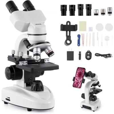 VEVOR binoculaire microscoop voor volwassenen, samengestelde microscoopset met 40-2000x vergroting, behuizing van aluminiumlegering, inclusief ledlamp en telefoonhouder, voor laboratoriumschool