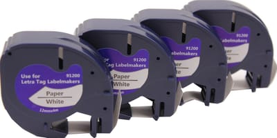 KATRIZ® huismerk label tape voor Dymo 91200 | DYMO LETRATAG LetraTag 100H/LetraTag 100T/LetraTag 2000/LetraTag QX54 |  Zwart op Wit | 12mm*4m | 4 stuks