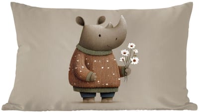 Sierkussens - Kussentjes Woonkamer - 60x40 cm - Neushoorn - Witte bloemen - Lief