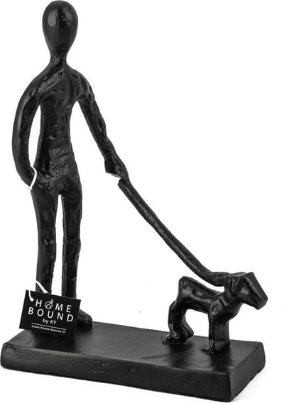 Zwarte metalen decoratiebeeld: man met hond - handgemaakt kunstwerk voor binnen - perfect geschenk voor hondenliefhebbers
