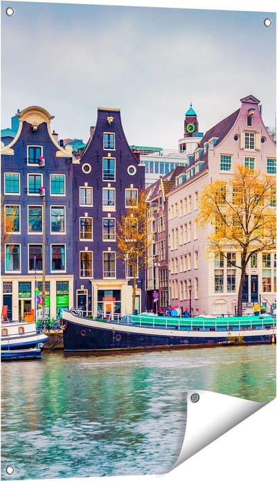 Gards Tuinposter Amsterdamse Huisjes vanaf de Gracht - 60x90 cm - Tuindoek - Tuindecoratie - Wanddecoratie buiten - Tuinschilderij