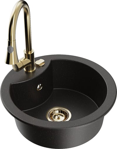 Mexen Diego granieten spoelbak met 1 kom en Elia keukenkraan, zwart/goud metallic - 6512-75-670101-50