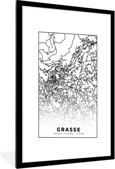 Fotolijst incl. Poster Zwart Wit- Frankrijk - Plattegrond - Grasse - Stadskaart - Kaart - Zwart wit - 60x90 cm - Posterlijst