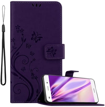 Cadorabo Hoesje geschikt voor Huawei P8 LITE 2015 in BLOEMEN DONKER PAARS - Beschermhoes in bloemmotief met magnetische sluiting, standfunctie en kaartsleuven Book Case Cover Etui