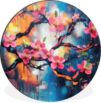 WallCircle - Wandcirkel - Muurcirkel - Bloemen - Tak - Artistiek - Roze - Aluminium - Dibond - 30x30 cm - Binnen en Buiten