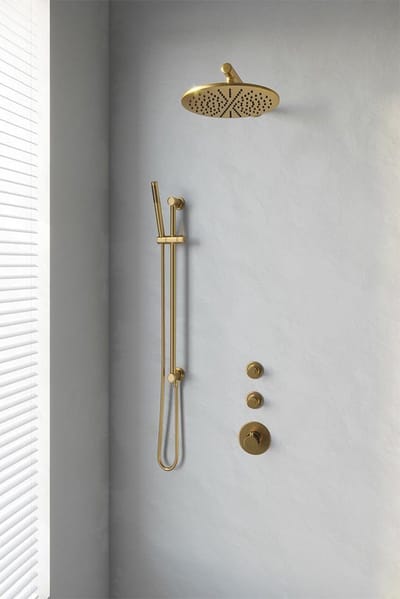 Brauer Gold Edition thermostatische inbouw regendouche SET 14 met 30 cm douchekop en rechte muurarm en staaf handdouche en doucheslang en geïntegreerde glijstang goud geborsteld PVD