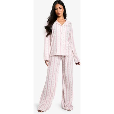 boohoo Dames Bow Print Langmouwshirt & Broekpyjama Set | Pink | Maat: 8