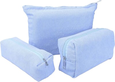 Set van 3 Corduroy Make-up Tassen voor Vrouwen - Reis Cosmetica Tas met Metalen Rits, Blauw, Organizer voor Schoonheid en Make-up Accessoires