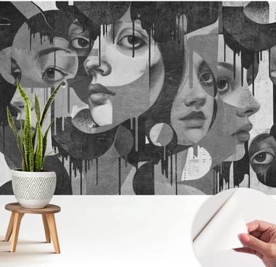 Wallfluent Zelfklevend Behang - Vrouwengezichten Zelfklevend fotobehang - 208x146 cm - Zwart-wit Zelfklevend Behang - Herpositioneerbaar - Voor de woonkamer, voor het kantoor, voor de slaapkamer Zelfklevend Behang