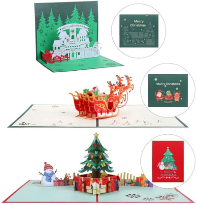 Dailygoods- Kerstkaart Set van 3 - Pop-upkaart 3D - Kerstboom/Kerstman/Huis - Inclusief Enveloppen - Hoogte circa 10 cm - 300 g/m² Papier - Wenskaart