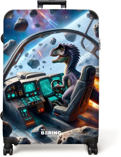 NoBoringSuitcases.com® - Koffer groot - Reiskoffer lichtgewicht - Blauwe dinosaurus bestuurt een raket - Rolkoffer met 4 wielen - Grote trolley XL - 98 liter bagage