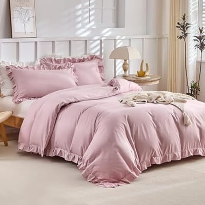 Driedelige Microvezel Beddengoedset voor Tweepersoonsbed 240 x 220 cm met Romantisch Volant Motief - Roze Complete Set met Dekbedovertrek en Kussenslopen