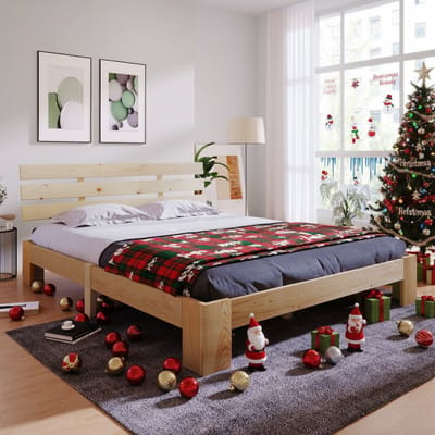 KOMHTOM Tweepersoonsbed 200 x 140 cm Volwassenenbed Houten bed met hoofdbord met lattenbodem Massief hout Natuurlijk