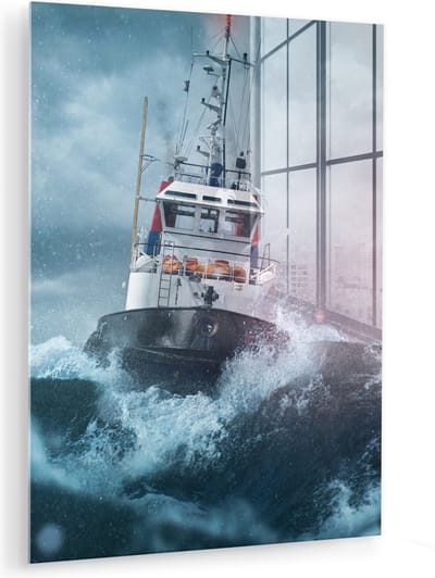 MuchoWow® Glasschilderij 120x160 cm - Schilderij acrylglas - Zee - Boot - Storm - Vuurtoren - Foto op glas - Muurdecoratie woonkamer - Wanddecoratie slaapkamer - Schilderijen