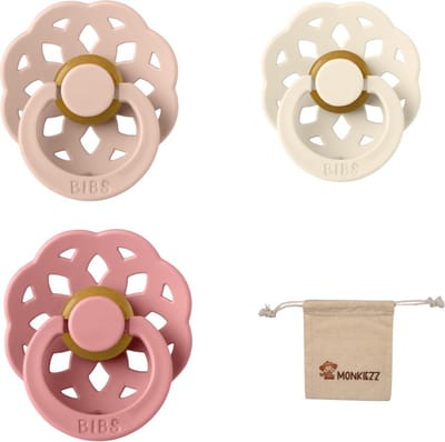 Bibs Boheme fopspenen - maat 1 0-6 maanden - 3 stuks – Blush – Ivory – Dusty Pink + Monkiezz speenzakje