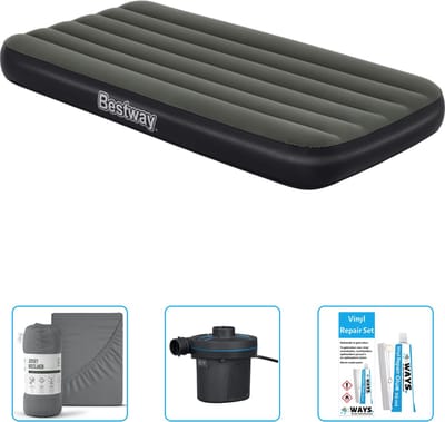 Bestway luchtbed - 1-Persoons - 99 x 188 x 28 cm - Blauw - Inclusief pomp - Hoeslaken - Pomp en Reparatieset