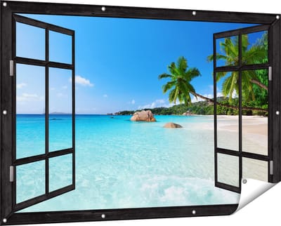 Gards Tuinposter Doorkijk Tropisch Strand en Zee - 150x100 cm - Tuindoek - Tuindecoratie - Wanddecoratie buiten - Tuinschilderij