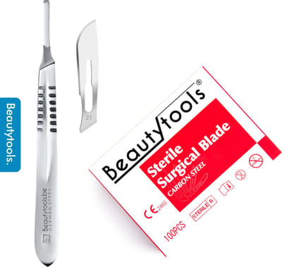 BeautyTools Scalpel Set met Bistouri houder Nr. 4 + Scalpelmesjes Nr. 21 (100 Stuks) - Pedicure Mesjes - Steriel Verpakt (BP-0690)