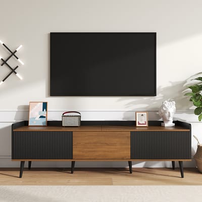 Pugsdrly TV-kast met drie deuren Compacte constructie Zwart en natuurlijke houtafwerking 160 L x 39 W x 49,5 H