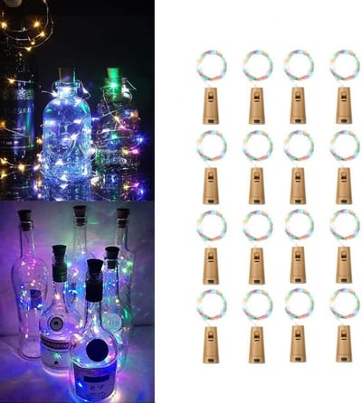Flessenlamp met Kurk, 2M 20 LED Kurklampjes, Koperen Draad Sfeerverlichting voor Wijn, Gin en Tafeldecoraties, Feestverlichting (Multikleur, 16 Stuks)