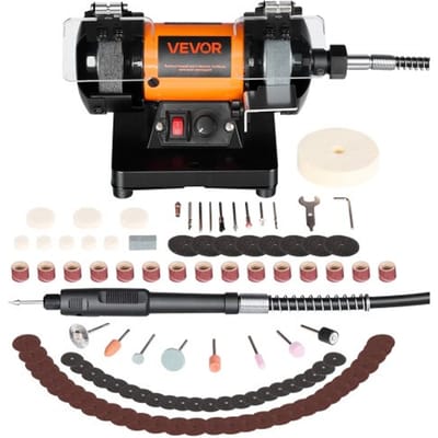 VEVOR Dubbele slijpmachine 8300–10600 RPM instelbaar, dubbele slijpmachine met slijp-, vezel- en wollen slijpschijven, 100-delige accessoire set, tafelslijpmachine voor sieraden, hout, metaal, ruwe steen, jade (doe-het-zelf)