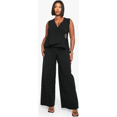 boohoo Dames Plus Gouden Detail Gilet en Broek met Wijde Pijpen | Black | Maat: 22