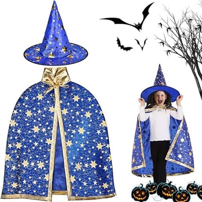 Halloween toverkostuum voor kinderen | Tovenaarsmantel met hoed – Blauw met gouden sterren | Verkleedkleding voor Halloween en themafeesten