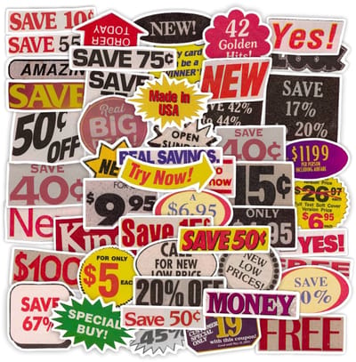 Winkrs | 49 Retro Kortingsstickers | krantenknipsel, kortingssticker, savings, discount | Stickers voor drinkbeker, laptop, muur, kast etc.