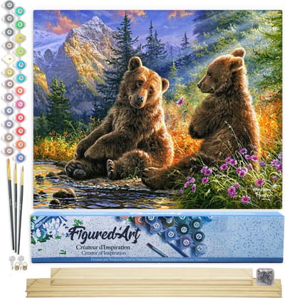 Figured'Art Schilderen op Nummer Volwassenen canvas 2 Beren - Handwerk acrylverf Kit DIY Compleet - 40x50cm met DIY houten lijst