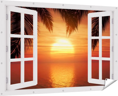 Gards Tuinposter Doorkijk Zonsondergang op het Strand met Palmbomen - 180x120 cm - Tuindoek - Tuindecoratie - Wanddecoratie buiten - Tuinschilderij