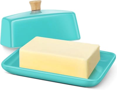 Flexzion Keramische blauwe Europese botervloot met deksel voor het werkblad (17,8 cm) – brede dubbele steekboterhouder voor het aanrecht, bewaardoos voor verse kaas