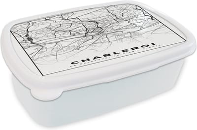 Broodtrommel Wit - Lunchbox - Brooddoos - Plattegrond – Charleroi – Zwart Wit – Stadskaart - Kaart - België - 18x12x6 cm - Volwassenen