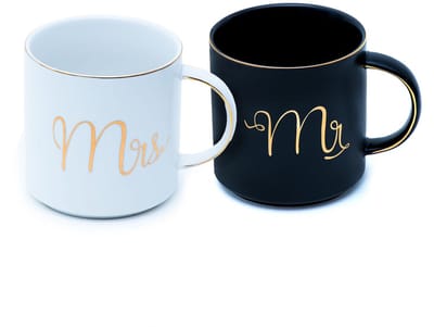 Koffiekopje in wit en zwart met gouden rand en het opschrift ‘Mr’ en ‘Mrs’, 300 ml, theekopje, cadeau-mok, bruiloft