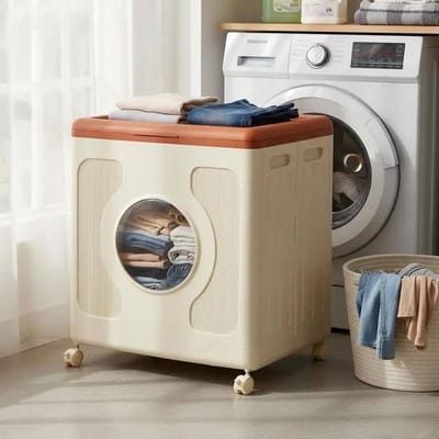 Dailygoods Kunststof opbergbox met deksel en wielen, 45L wasmand met transparant venster, kledingorganizer, oranje