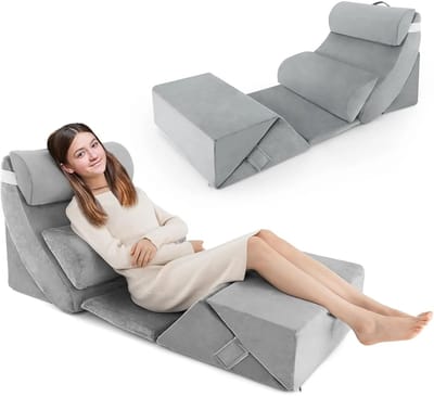 M-Goods – 7-Delig Wigkussen Set Orthopedisch – Rugkussen Bed & Leeskussen – Traagschuim Wigkussen tegen Reflux, Rugpijn & Snurken – Verstelbaar Zuurbranden Kussen – Grijs