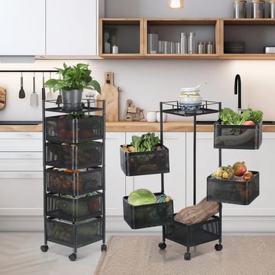 Mila Shop Groenterek - 6 Laags - Keukenrek - Opbergrek - Roterend vierkant groenterek - Met wieltjes - Zwart